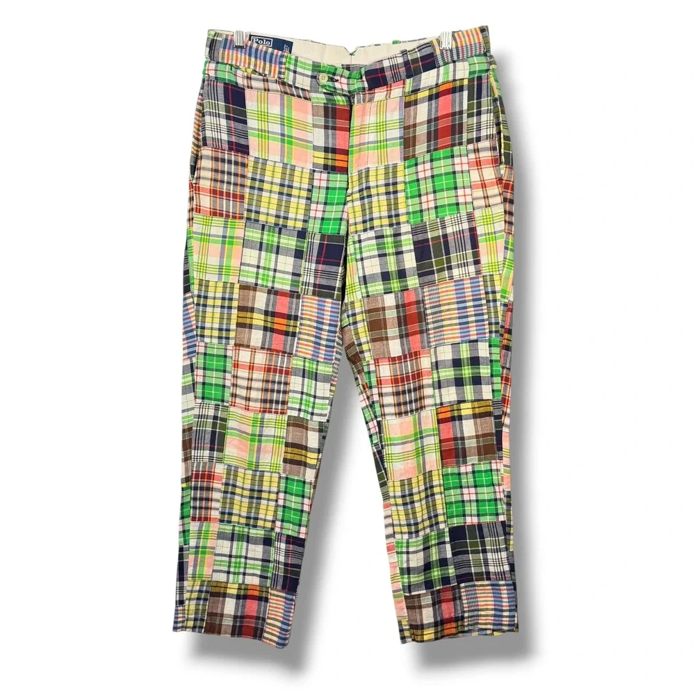 Vintage Polo Ralph Lauren Madras Patchwork Pants Mens 33 Multicolor Plaid Preppy